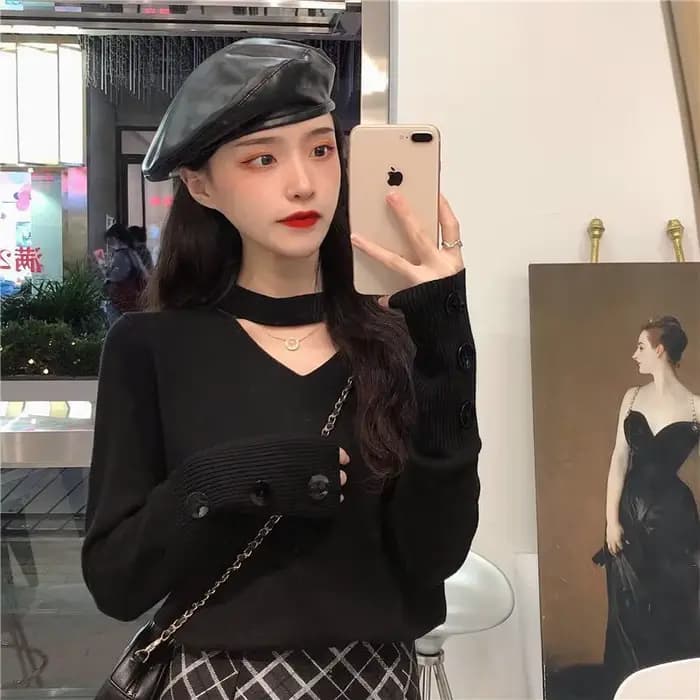 Pull à col licou pour femmes, col en v, Sexy, nouveau haut avec chemise à Base tricotée à manches lo