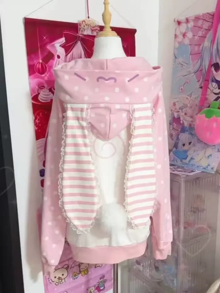 Sweat à capuche rayé pelucheux japonais Kawaii pour femme, manteau en peluche imprimé chat avec ferm