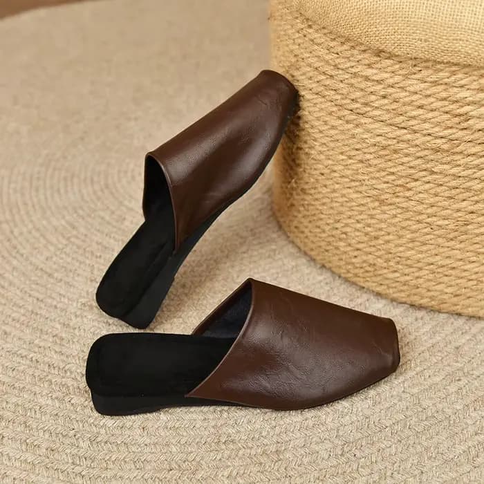 Mules pour femmes, chaussures d'extérieur, pantoufles à bout carré fermé, en cuir de vachette, style