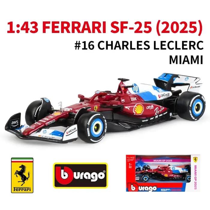 Bburago 1:43 Ferrari F1 Sf25 # 16 # Modèle de voiture de Formule 1 de Miami 44, collection de jouets
