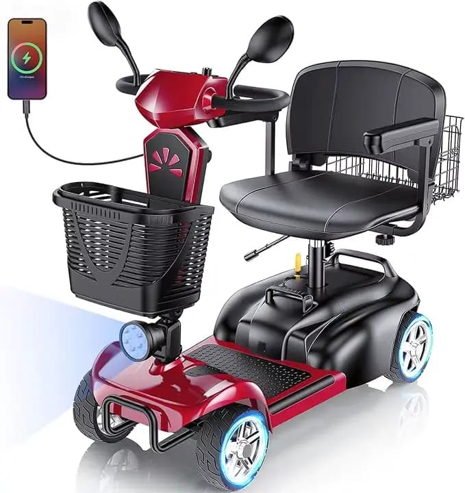 Scooter électrique à 4 roues avec deux paniers, moteur 350W, siège rotatif, port USB, capacité de 30