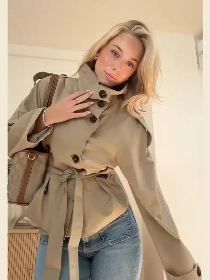 Trench-Coat à col haut pour femmes, couleur unie, élégant, Double boutonnage, à lacets, manches long