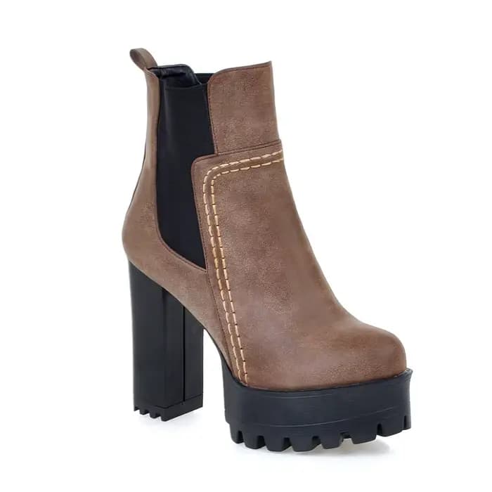 Mode bottines pour femmes plate-forme bout rond talons hauts botte courte femme Punk PU gris marron Vintage automne hiver chaussures