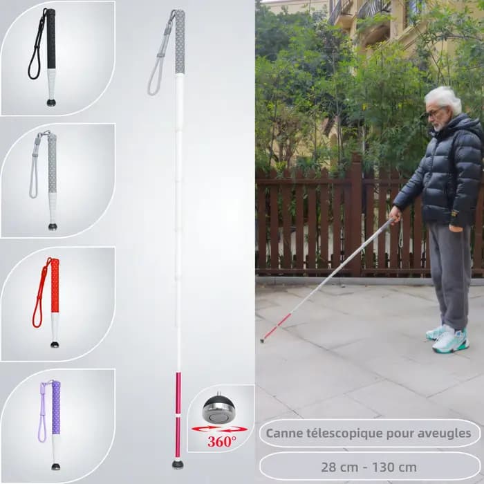 130cm Canne télescopique en alliage de titane pour aveugles ou malvoyants avec pointe rotative