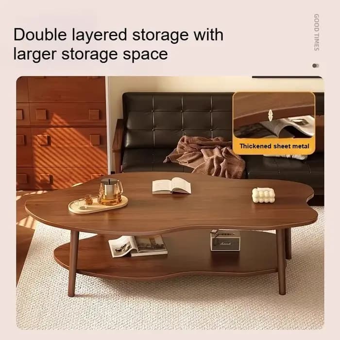 Table basse en bois en forme de nuage, table centrale irrégulière moderne avec rangement, tables d'appoint simples avec pieds pour salon et chambre