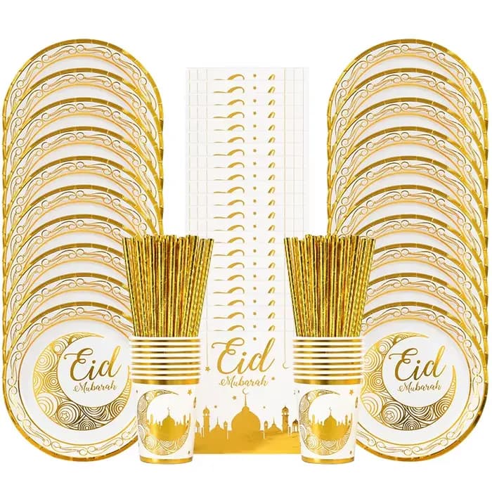 Ensemble de vaisselle de fête Eid Mubarak, assiettes jetables dorées, gobelets, serviettes, bannière, fournitures islamiques musulmanes 2026, décorations Ramadan Kareem