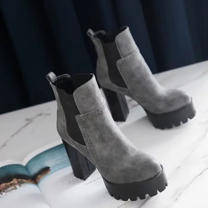 Mode bottines pour femmes plate-forme bout rond talons hauts botte courte femme Punk PU gris marron Vintage automne hiver chaussures