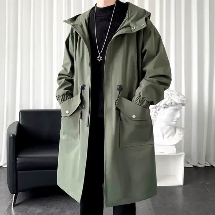 Trench Coat Hommes Nouvelle Mode Armée vert Pardessus Hommes Coupe-Vent Décontracté Solide Long Manteau Homme Automne Homme Noir/Kaki/Vert Army