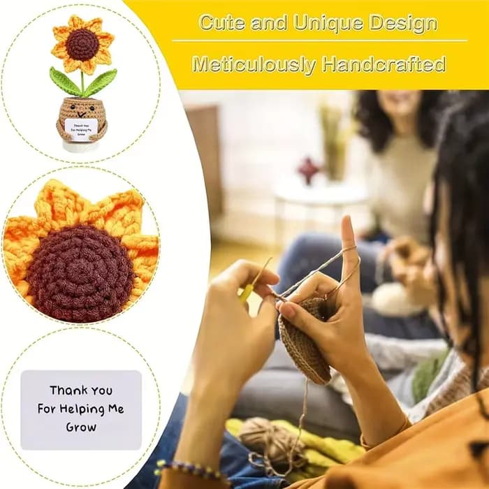Décor de bureau tournesol au crochet fait à la main avec message « Merci pour aidez-moi grandir » - Décoration de bureau et de voiture en tissu pour femmes