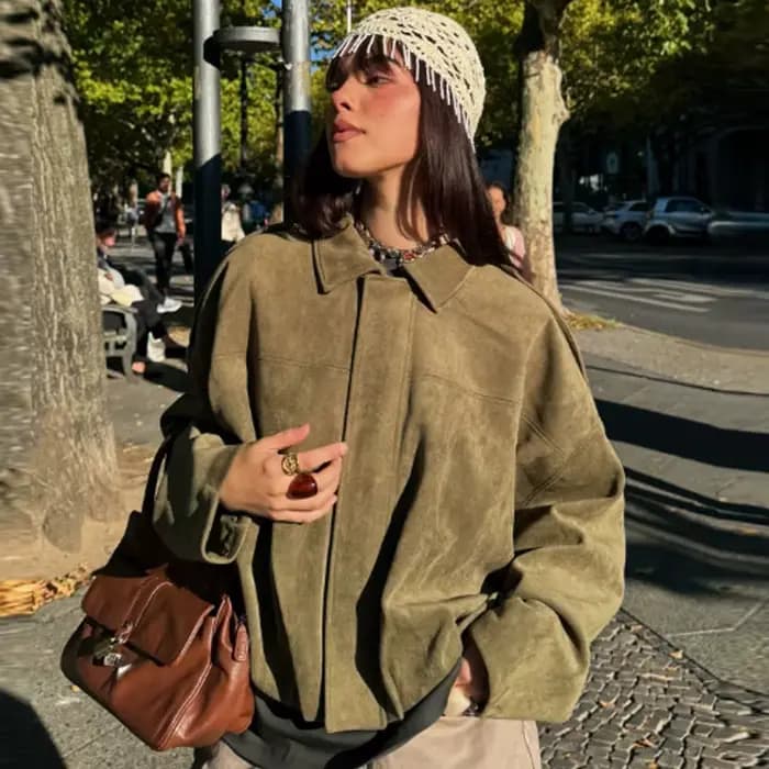 HXAO – veste courte en daim pour femme, blouson bombardier surdimensionné, manches chauve-souris, vêtements d'extérieur, manteau ample décontracté, vestes de Style de rue
