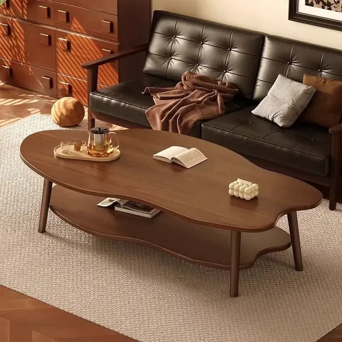 Table basse en bois en forme de nuage, table centrale irrégulière moderne avec rangement, tables d'appoint simples avec pieds pour salon et chambre