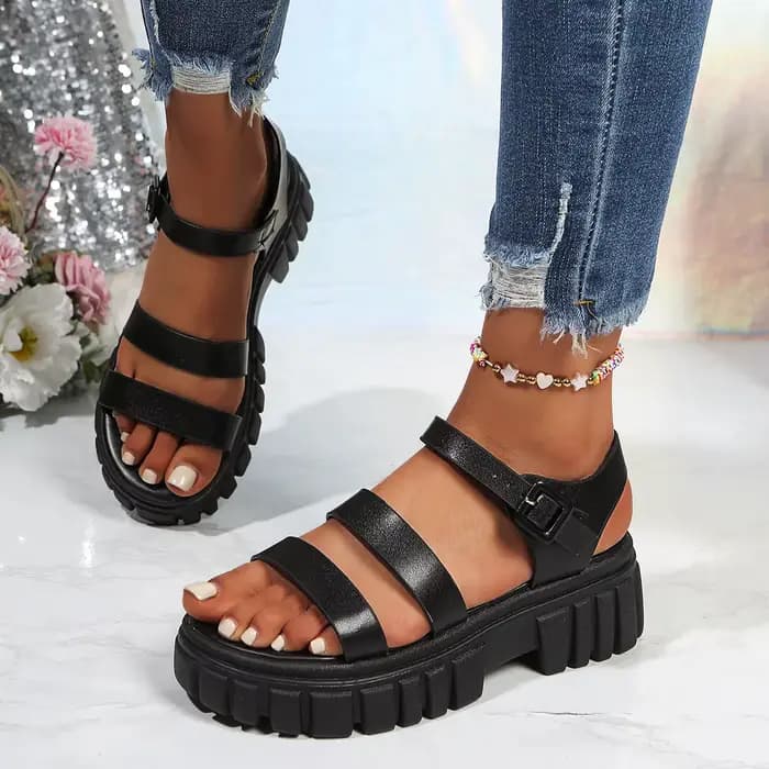 Sandales confortables à talon épais pour femme, grande taille, à bout ouvert, plateforme, avec bride à boucle, à talon haut et bout rond, tendance
