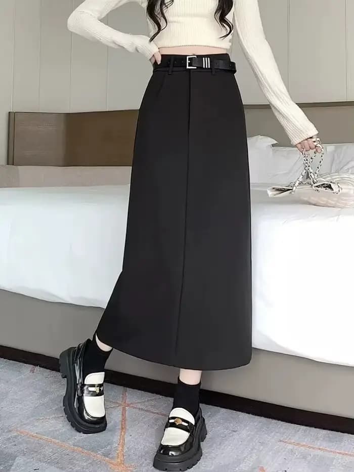Jupe femme 2025 décontracté mi-longue a-ligne jupe longue printemps automne taille haute minceur fendu solide jupes femme