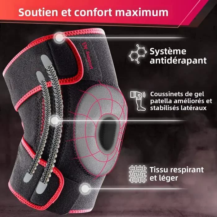 Genouillère avec stabilisateurs latéraux et coussinets en gel pour la rotule