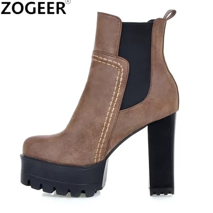 Mode bottines pour femmes plate-forme bout rond talons hauts botte courte femme Punk PU gris marron Vintage automne hiver chaussures