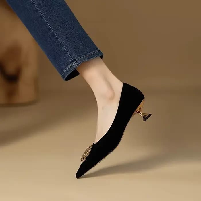 Chaussures françaises noires à talons moyens pour femmes, chaussures de bureau et de carrière confortables, en cuir souple et daim, pointues, peu profondes, escarpins Zapatos