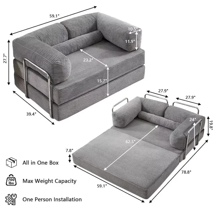 Canapé-lit convertible 5-en-1 de 79 pouces en velours côtelé, pliable, sans structure, avec cadre en acier robuste, mobilier de maison