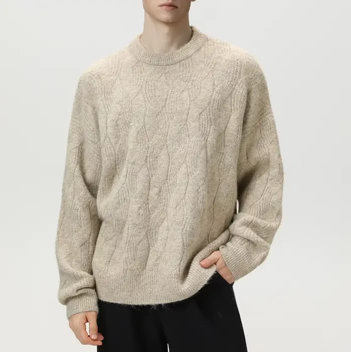 Pull en maille torsadée texturée à col semi-montant pour homme, couleur unie, style vintage décontracté, collection automne/hiver 2026