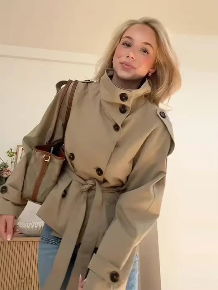 Trench-Coat à col haut pour femmes, couleur unie, élégant, Double boutonnage, à lacets, manches longues, coupe-vent, mode rue, manteau quotidien décontracté