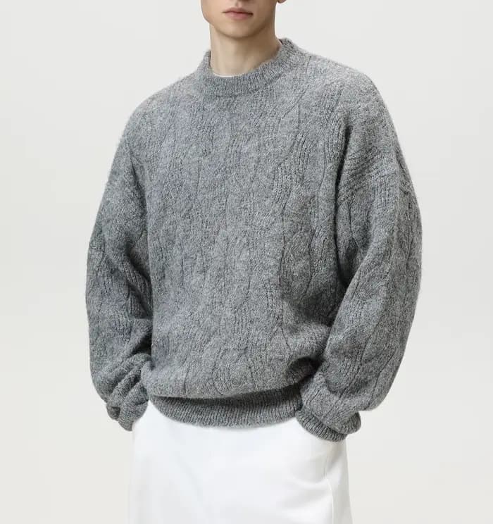 Pull en maille torsadée texturée à col semi-montant pour homme, couleur unie, style vintage décontracté, collection automne/hiver 2026