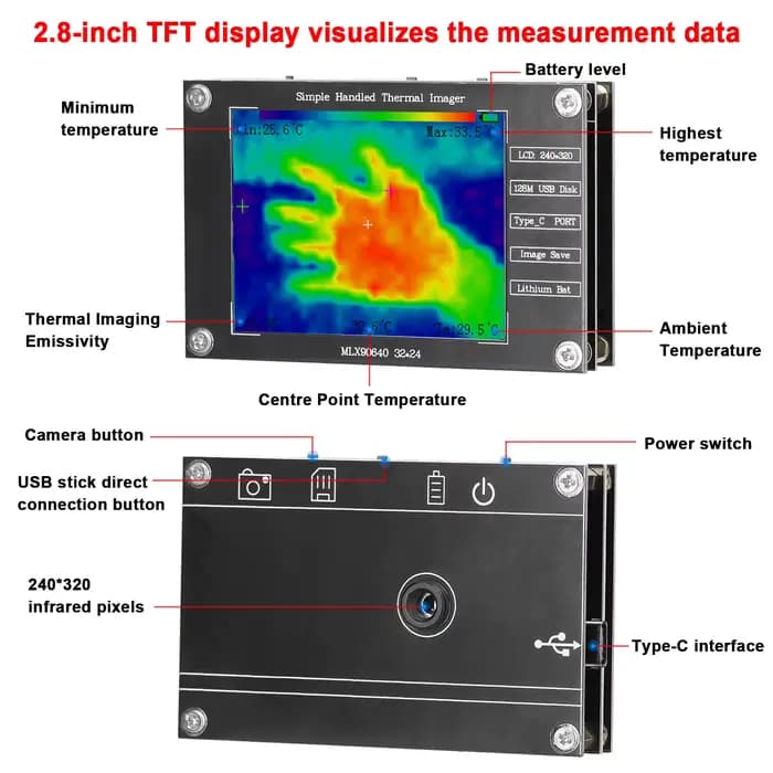 Imageur thermique portable -40 ℃   à 300 ℃   Petite caméra d'imagerie thermique prenant en charge l'image maximale de mesure de la température centrale minimale