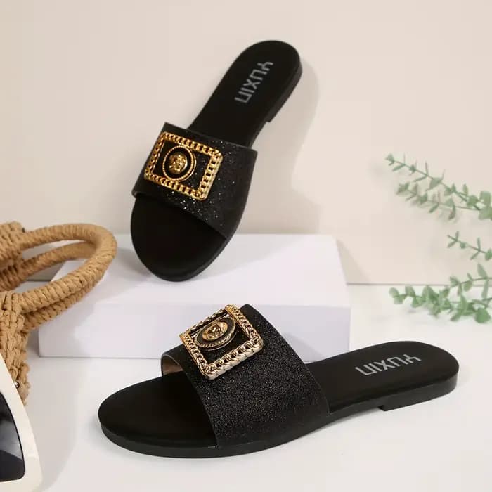 Chaussures pour femmes, nouvelles pantoufles tendance, classiques, élégantes, polyvalentes, couleur unie, décoration métallique, bout rond, sandales plates