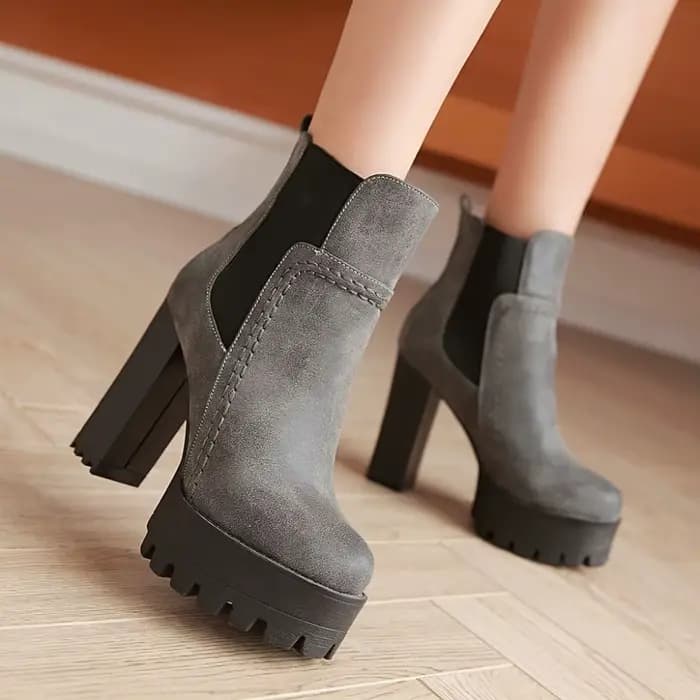 Mode bottines pour femmes plate-forme bout rond talons hauts botte courte femme Punk PU gris marron Vintage automne hiver chaussures