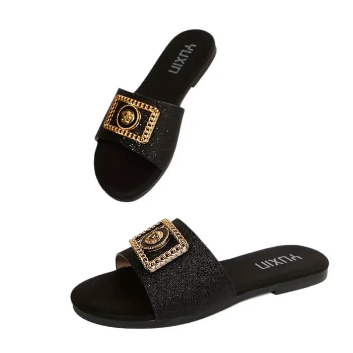Chaussures pour femmes, nouvelles pantoufles tendance, classiques, élégantes, polyvalentes, couleur unie, décoration métallique, bout rond, sandales plates