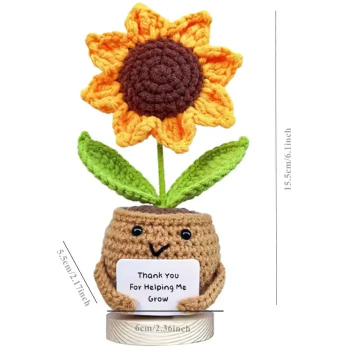 Décor de bureau tournesol au crochet fait à la main avec message « Merci pour aidez-moi grandir » - Décoration de bureau et de voiture en tissu pour femmes
