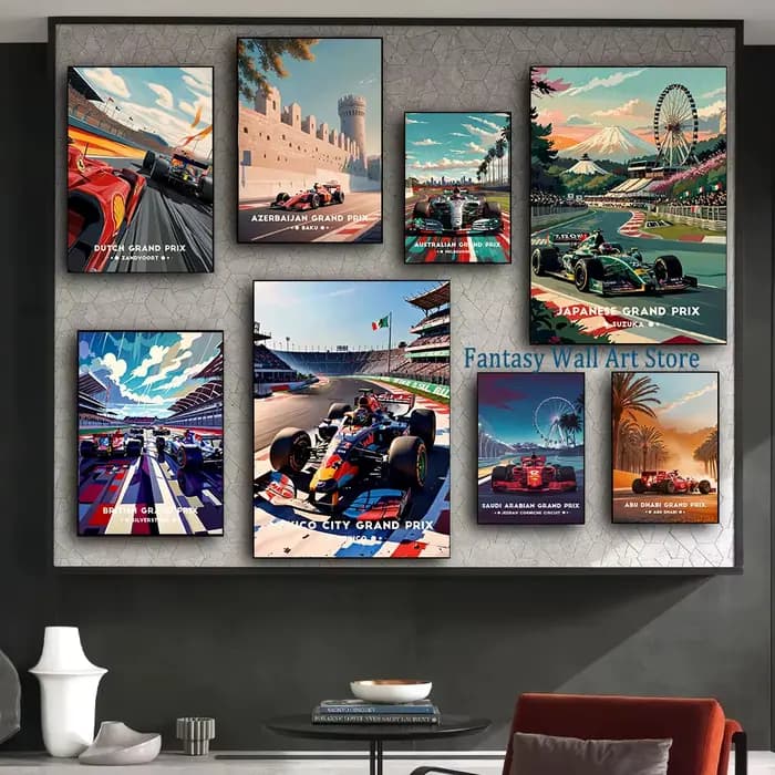Affiche emblématique du Grand Prix de course de formule 1, Super voitures F1, décoration murale esthétique pour Fans de voitures de course, peinture sur toile d'art mural de salle de maison