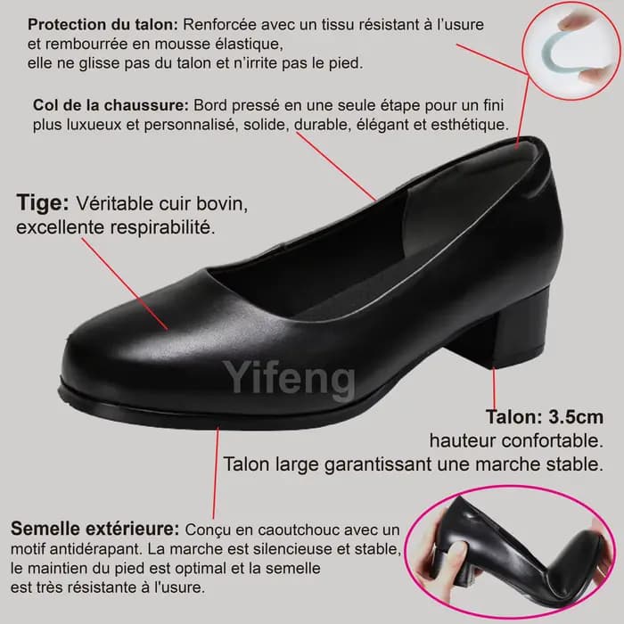 Chaussures en cuir véritable à talon moyen confortables et respirantes Convient au personnel de service employés de bureau équipage aérien contrôleurs de train pour la vie quotidienne sorties et perso