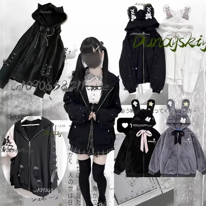 Jirai Kei japonais femmes filles Cosplay Costumes lapin chat oreille manteau à capuche blanc noir en peluche chaud manteau Kawaii quotidien carnaval