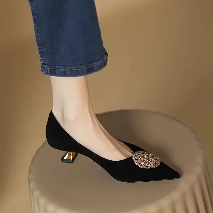 Chaussures françaises noires à talons moyens pour femmes, chaussures de bureau et de carrière confortables, en cuir souple et daim, pointues, peu profondes, escarpins Zapatos