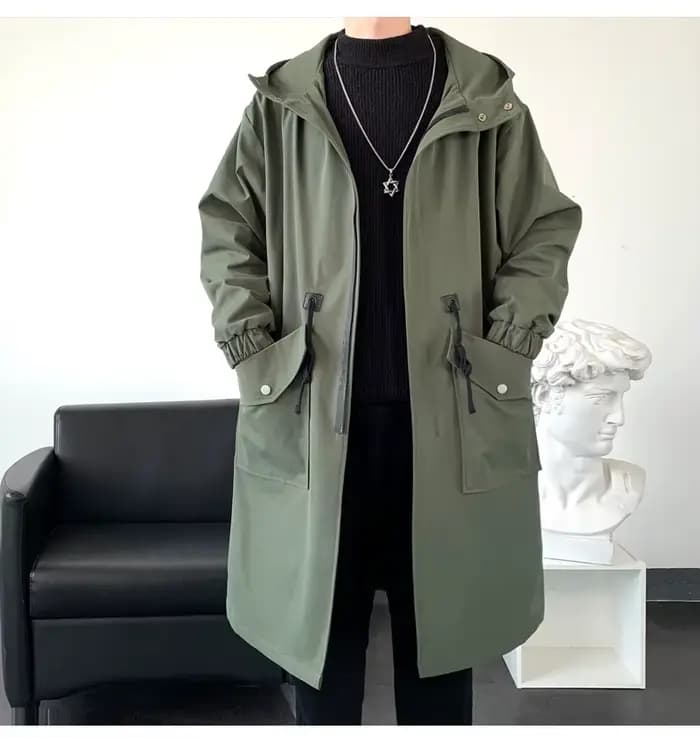 Trench Coat Hommes Nouvelle Mode Armée vert Pardessus Hommes Coupe-Vent Décontracté Solide Long Manteau Homme Automne Homme Noir/Kaki/Vert Army