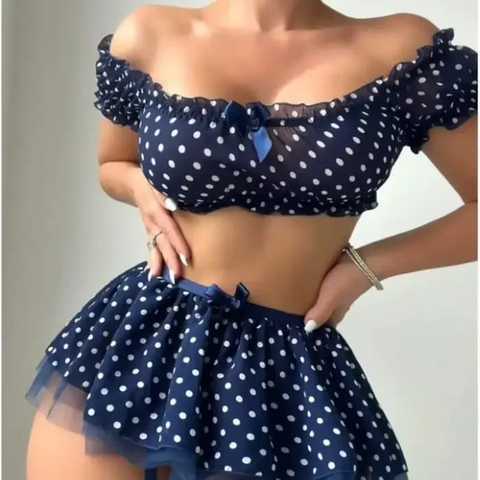 Jupe courte érotique pour femmes, avec bretelles, Lingerie Sexy, à pois, épaules dénudées, jupe bouffante, ensemble exotique
