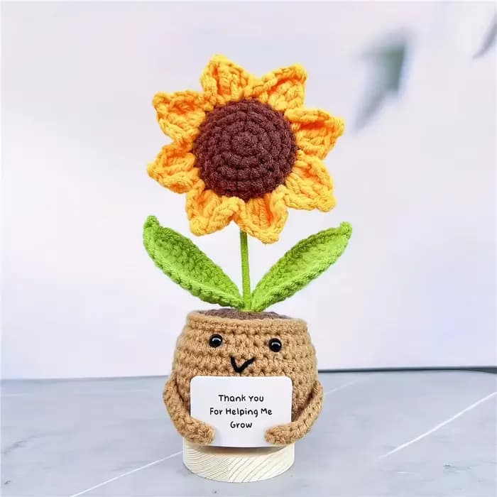 Décor de bureau tournesol au crochet fait à la main avec message « Merci pour aidez-moi grandir » - Décoration de bureau et de voiture en tissu pour femmes