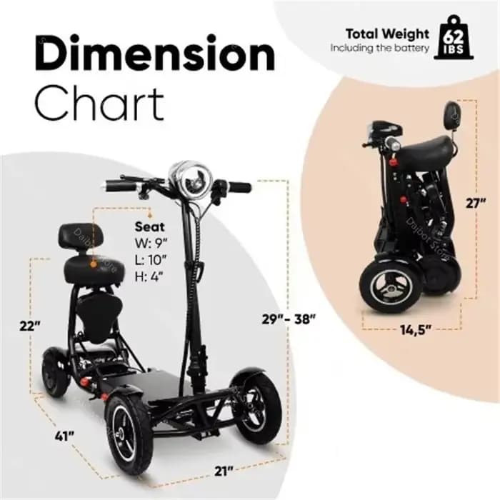 Scooters de mobilité à 4 roues pour Seniros pliant 36V 500W Scooter électrique à double moteur pour Aldutos avec sièges d'enfant à trois vitesses
