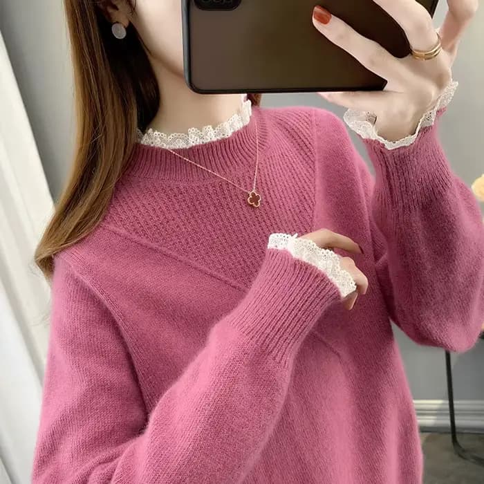 Pull à col mi-haut avec bord en dentelle pour femme, tricot côtelé, haut bas, chaud, élégant, mode, automne, hiver, nouveau