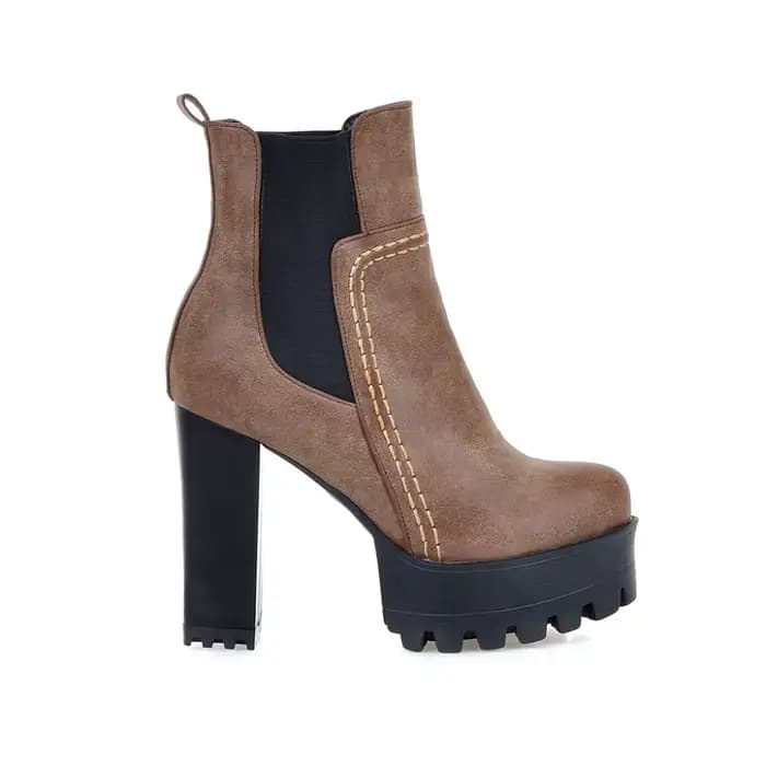 Mode bottines pour femmes plate-forme bout rond talons hauts botte courte femme Punk PU gris marron Vintage automne hiver chaussures