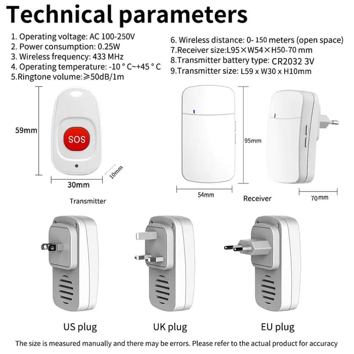 Bouton d'urgence SOS sans fil pour personnes âgées et patients – Téléavertisseur pour soignants avec aide à domicile à distance et sonnette