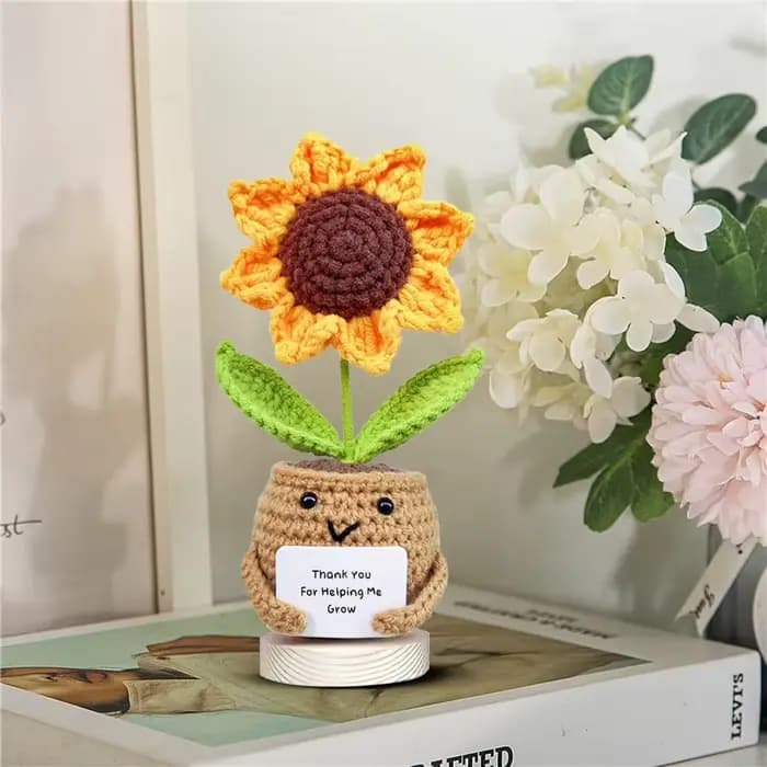 Décor de bureau tournesol au crochet fait à la main avec message « Merci pour aidez-moi grandir » - Décoration de bureau et de voiture en tissu pour femmes