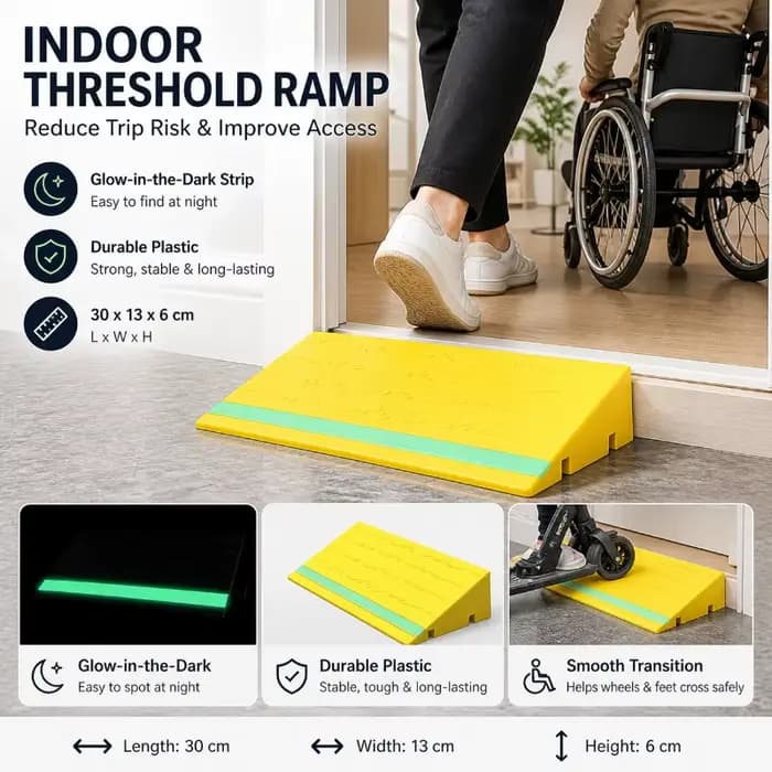 Rampe de seuil de porte intérieure en plastique à profil bas avec bande réfléchissante pour poussette