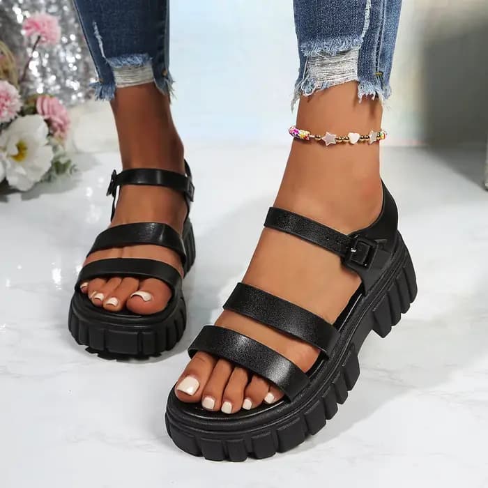 Sandales confortables à talon épais pour femme, grande taille, à bout ouvert, plateforme, avec bride à boucle, à talon haut et bout rond, tendance