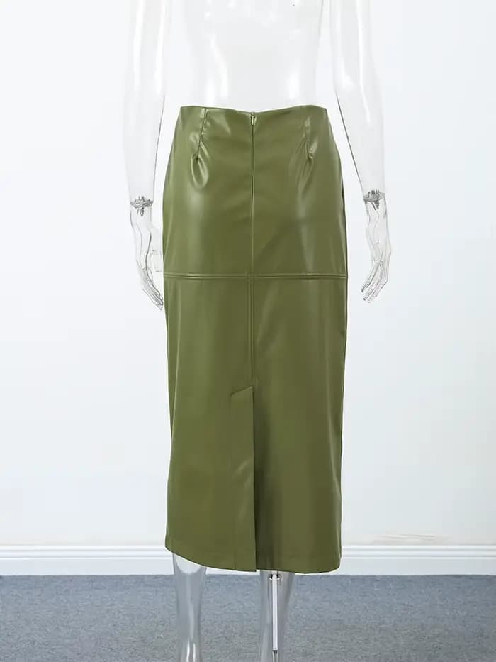 Veste en cuir vert olive avec fermeture éclair, manteau silhouette vintage, pardessus court à revers