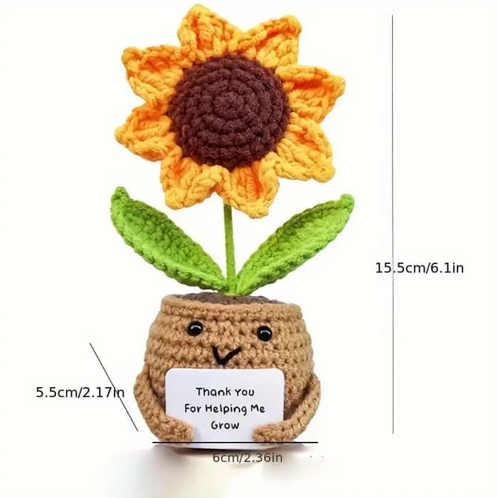 Poupée tournesol au crochet faite à la main avec carte de remerciement - "pour aidez-moi grandir" -