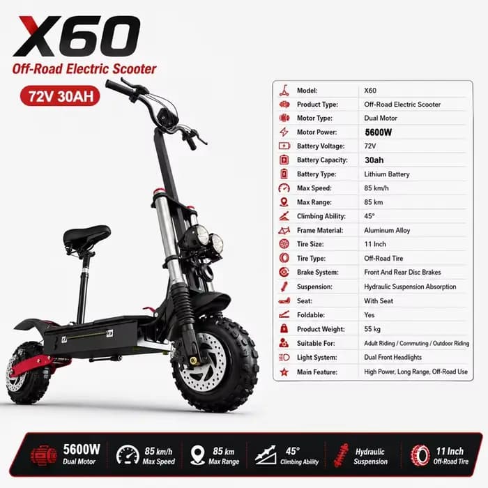 Scooter électrique pour adultes, vitesse maximale 85-90 km/h, 30 Ah, moteurs puissants 6000 W, pneus