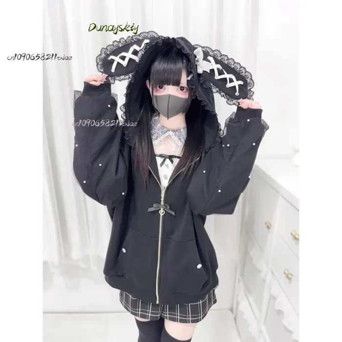 Jirai Kei japonais femmes filles Cosplay Costumes lapin chat oreille manteau à capuche blanc noir en