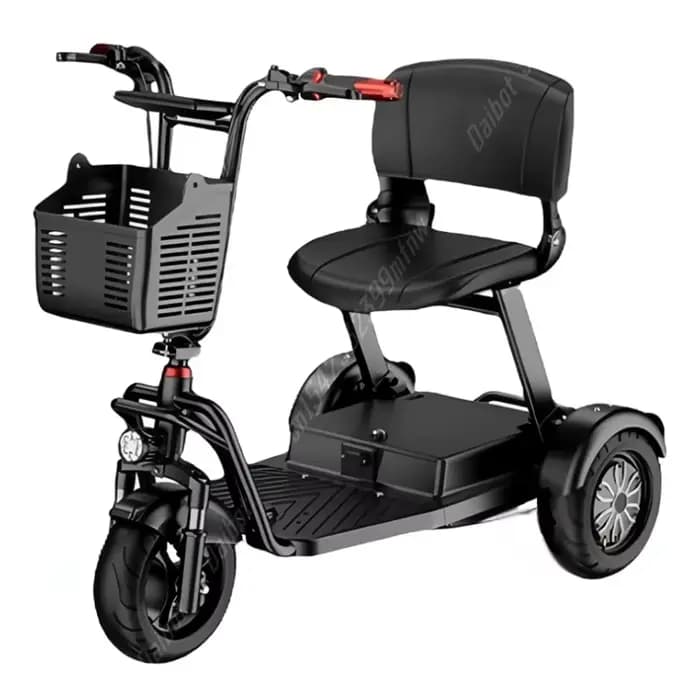Scooter de mobilité pliable à 3 roues rouge et noir antivol avec barre de traction, mini tricycle él