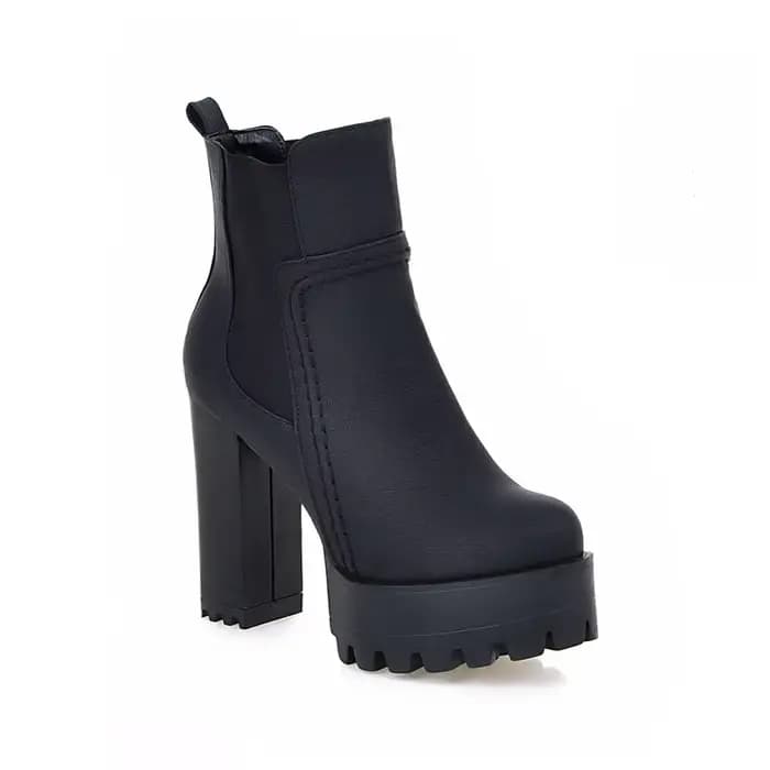 Mode bottines pour femmes plate-forme bout rond talons hauts botte courte femme Punk PU gris marron