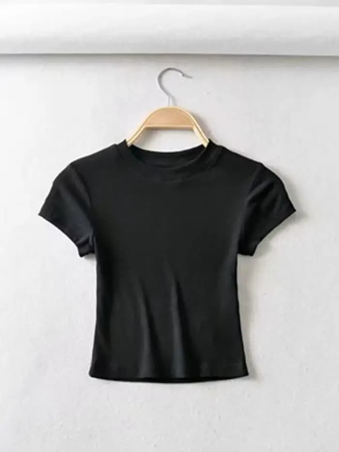 Été Sexy femmes col rond à manches courtes T-shirt mince élastique maigre culture hauts